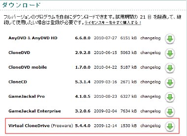 Virtual CloneDriveのダウンロード先は一番下。